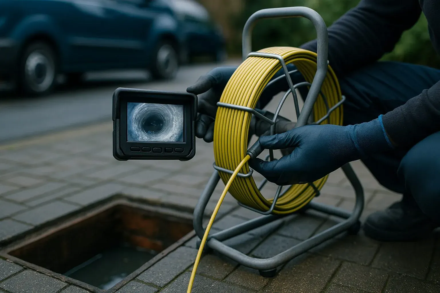 Engineer with a CCTV drain camera at an inspection chamber