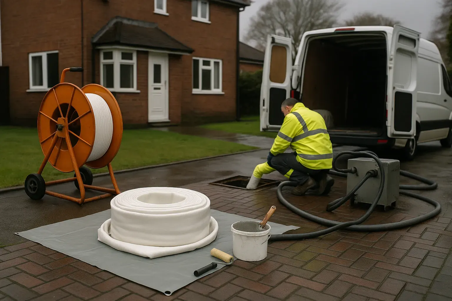 No-dig drain relining set up on a block-paved driveway with the paving left intact
