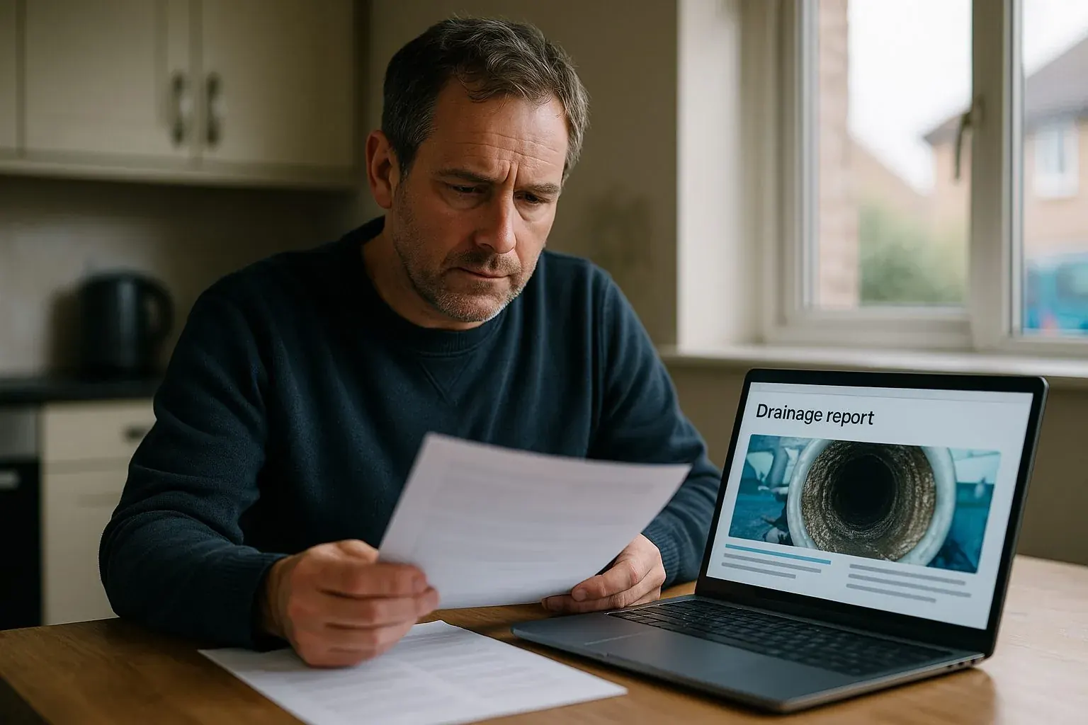 Homeowner reviewing a drainage report at a kitchen table
