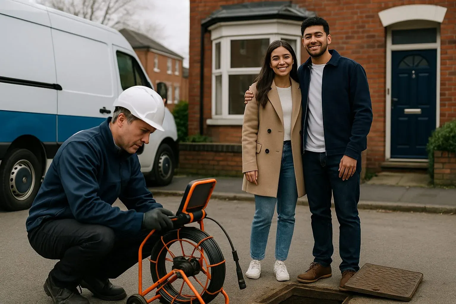 Couple outside a terraced house with a surveyor by an inspection chamber