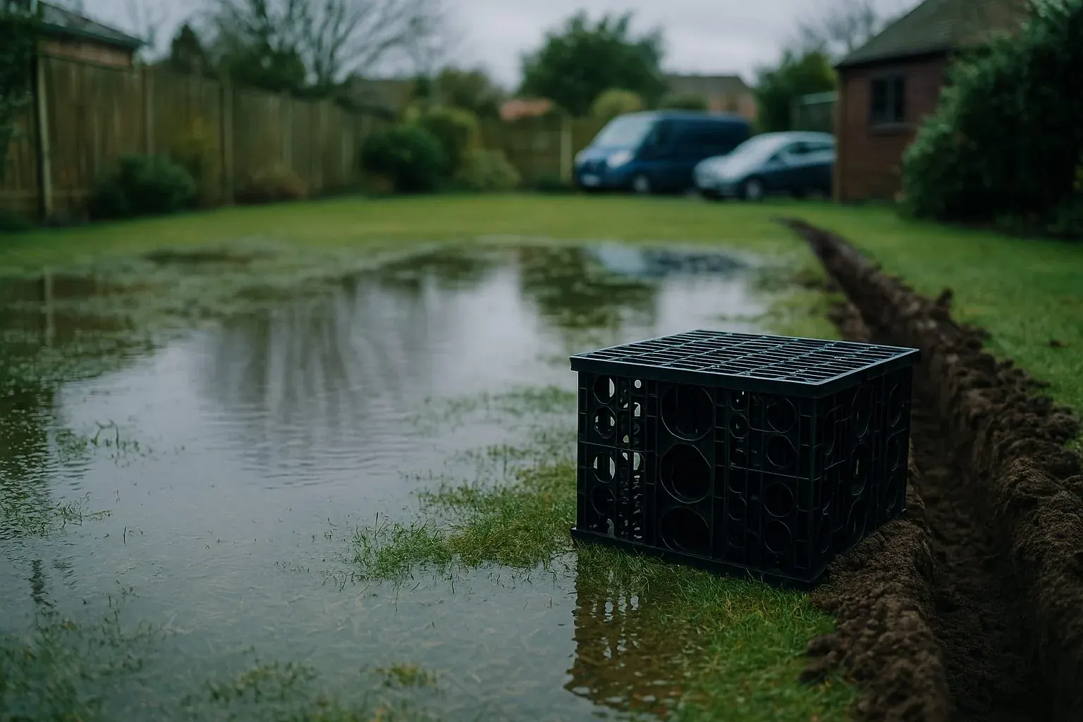 Waterlogged garden lawn with a soakaway crate and excavated trench