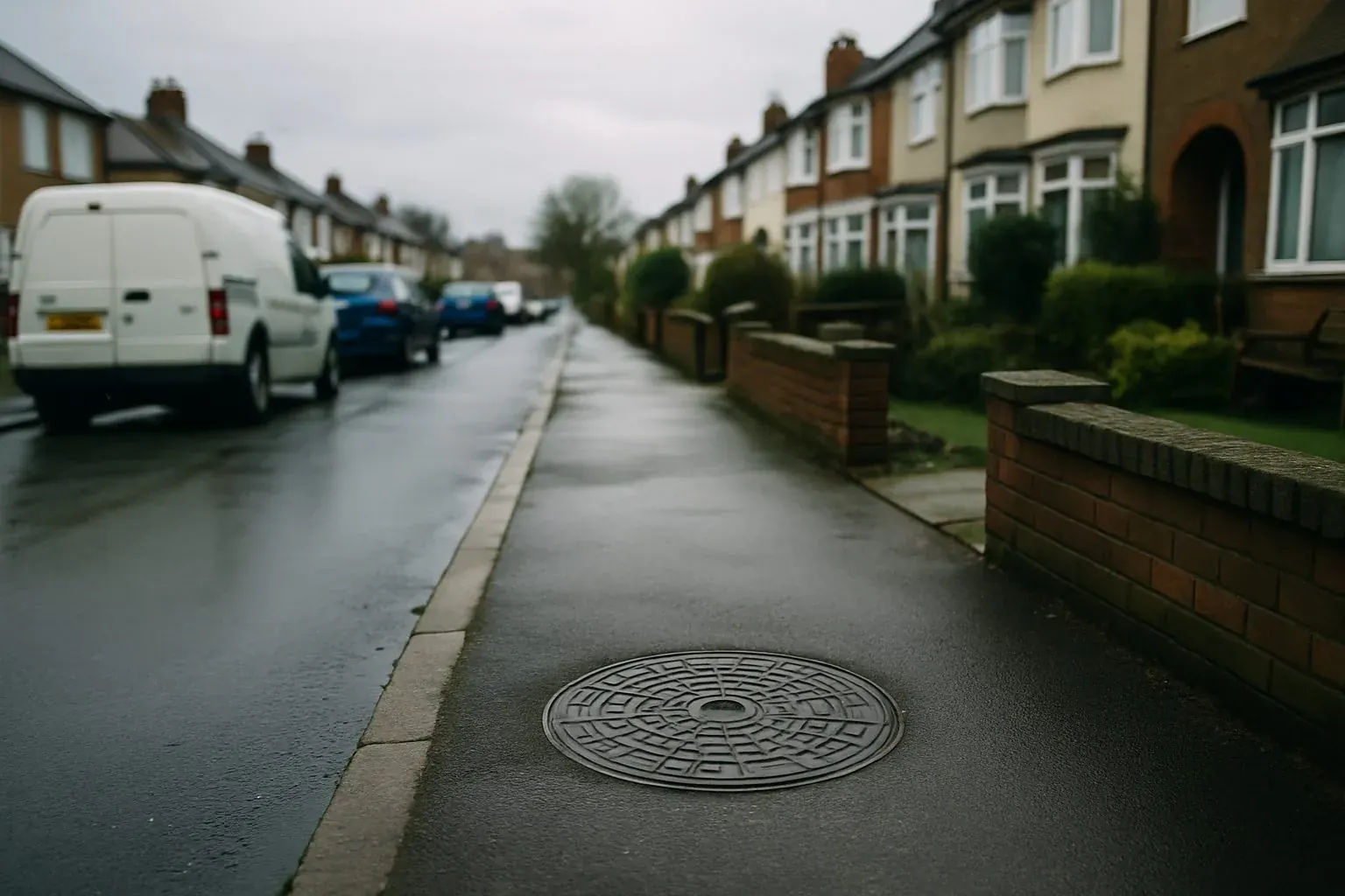 British residential street with a manhole cover in the pavement