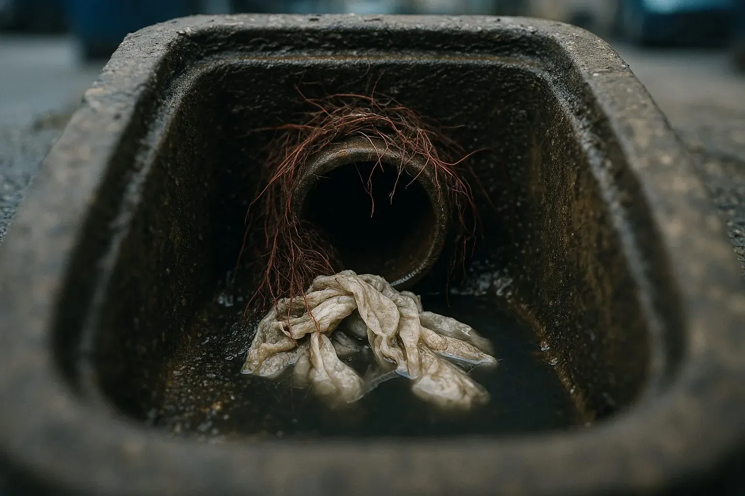 Open drain gully with tree roots and debris partially blocking the pipe
