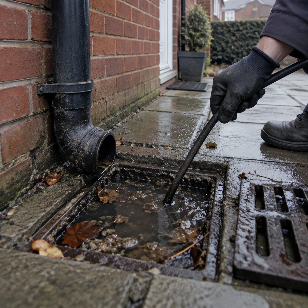 Blocked outside gully drain full of standing water beside a UK brick house