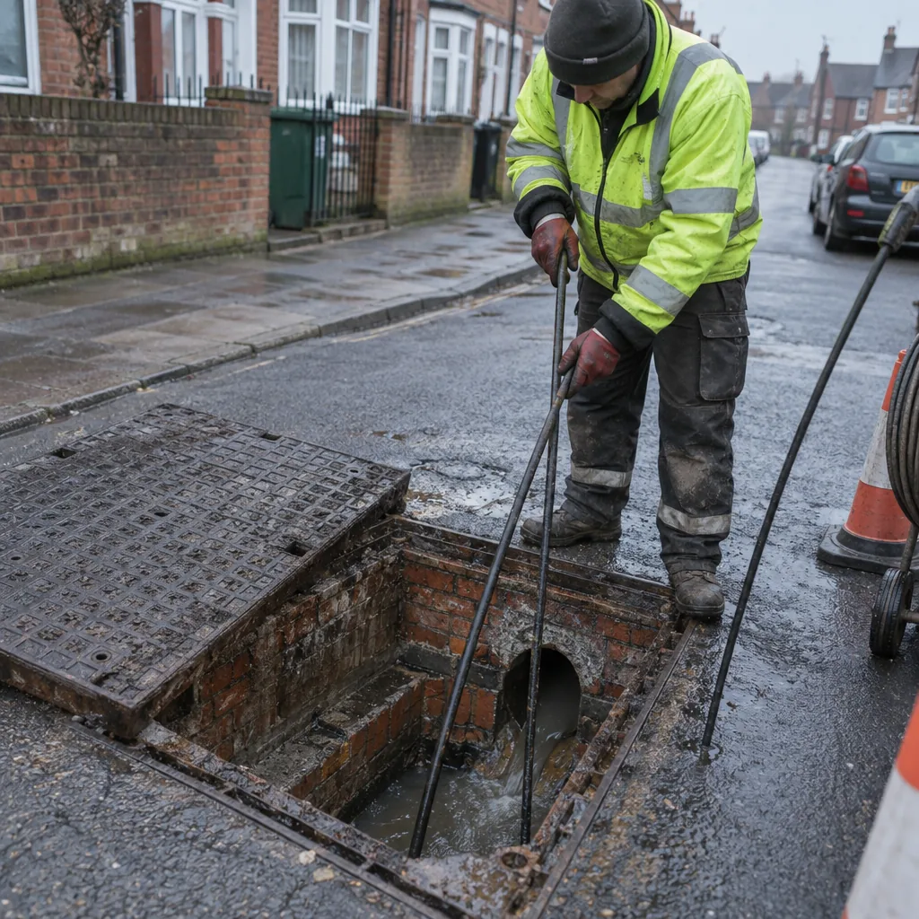 Open sewer inspection chamber in a UK residential road with an engineer working above it
