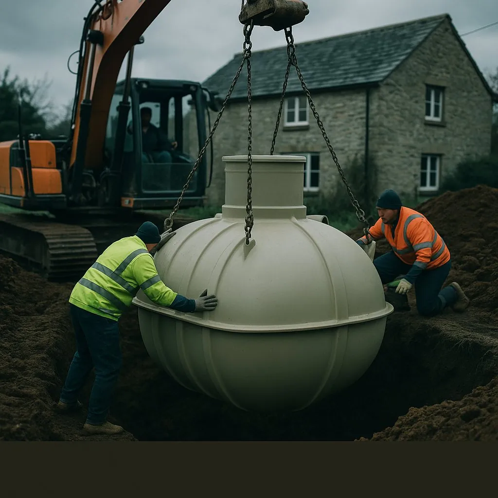 Sealed cesspit tank being installed at a rural UK property
