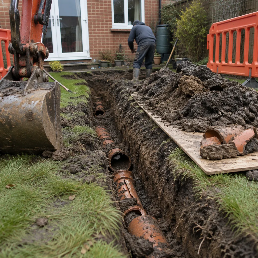 Excavated trench in a UK garden exposing a collapsed clay drainage pipe