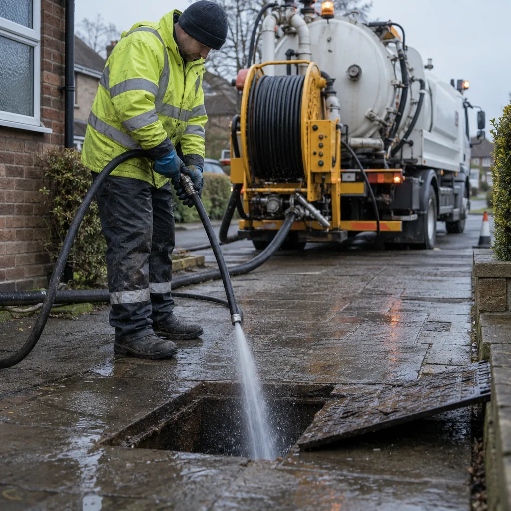 High pressure drain jetting hose and reel in use at a UK residential drain chamber