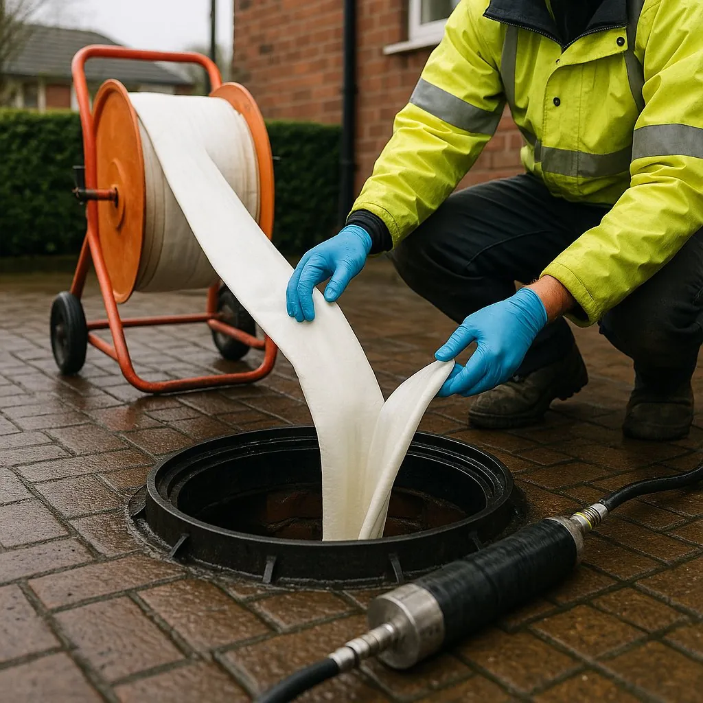 Drainage engineer feeding a resin liner into an inspection chamber on a block-paved driveway