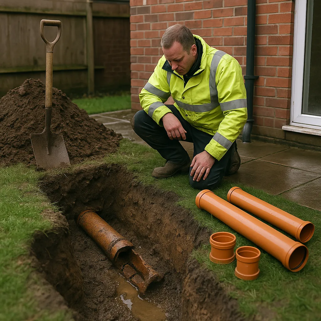Collapsed clay drain exposed in a trench with new replacement pipe ready to fit