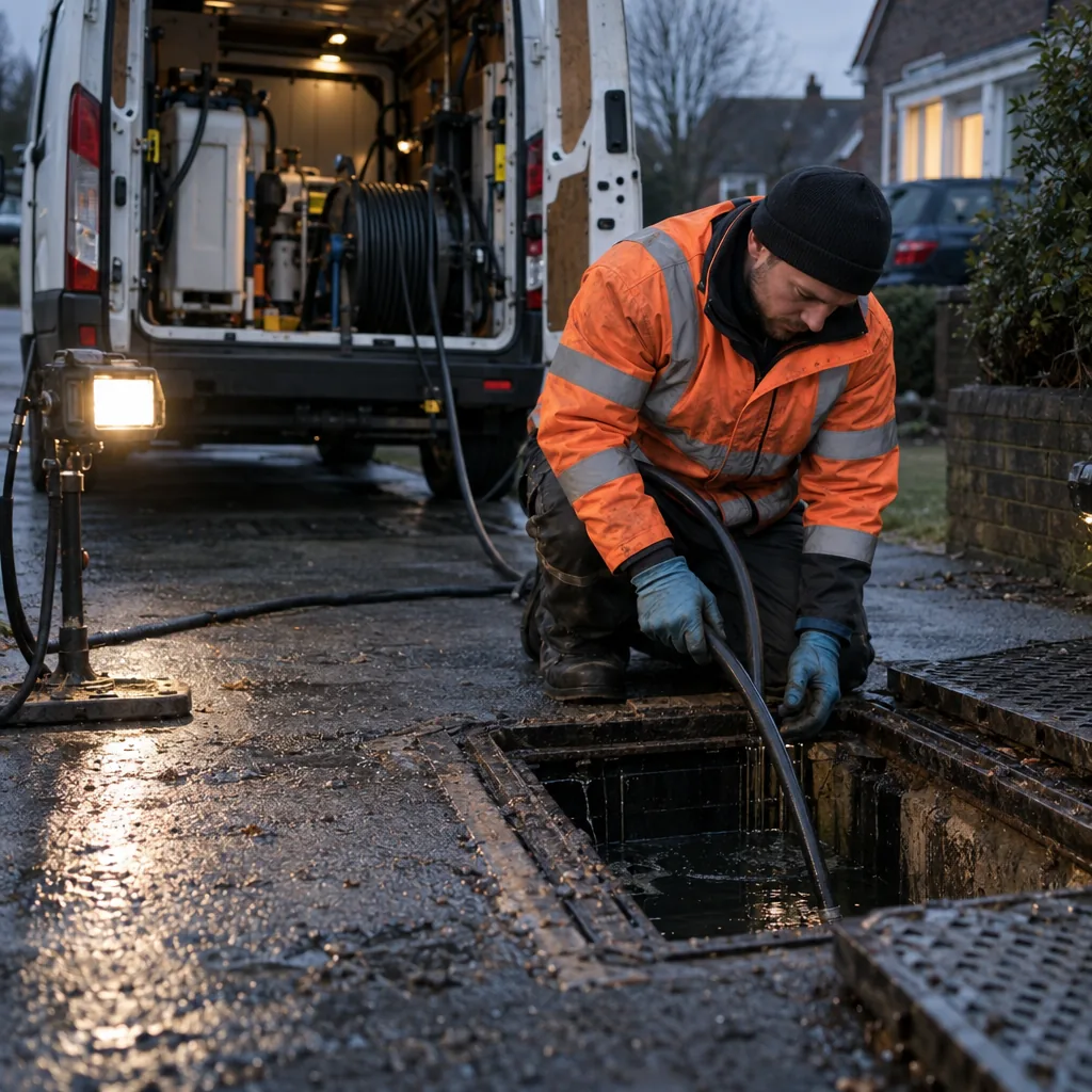 Drainage engineer working at an open drain chamber on a UK driveway at dusk