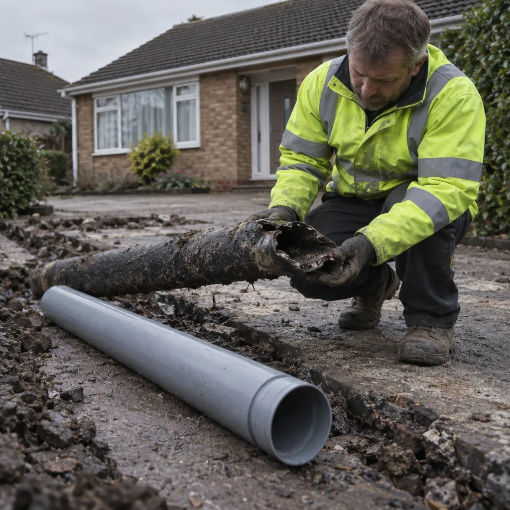 Deformed black pitch fibre drainage pipe lifted from a trench beside new plastic pipe