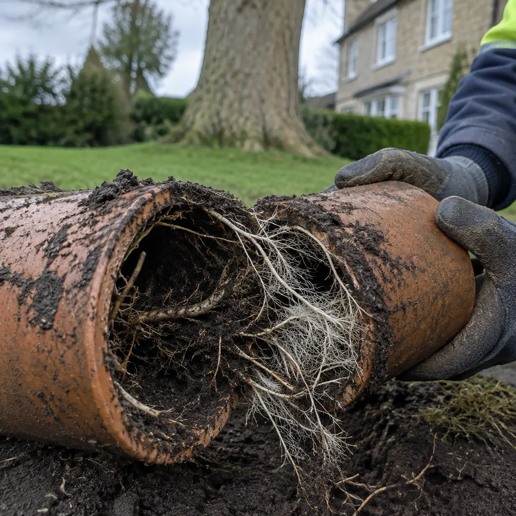 Section of clay drainage pipe cut open showing a dense mass of tree roots at the joint