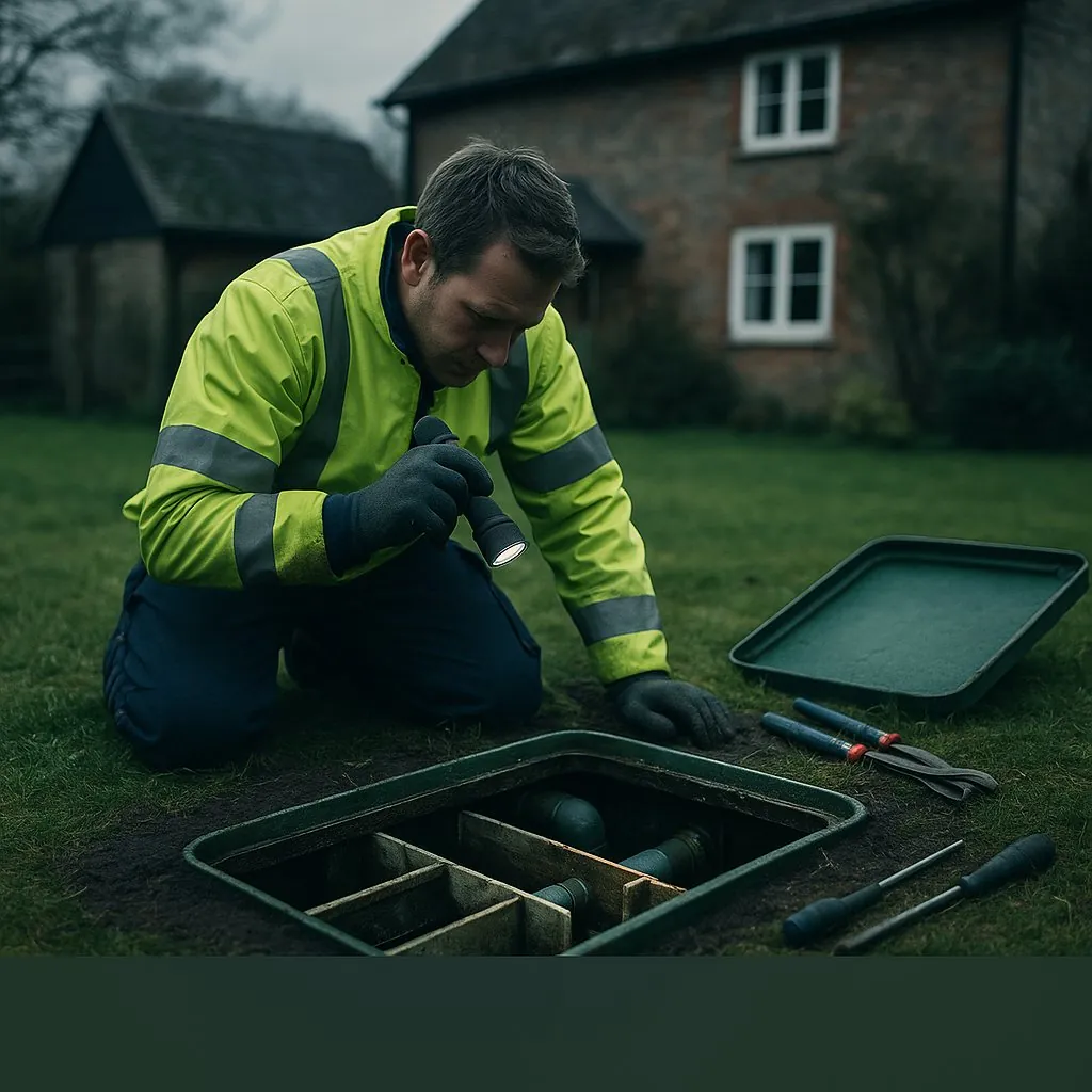 Engineer servicing an open septic tank at a rural UK home