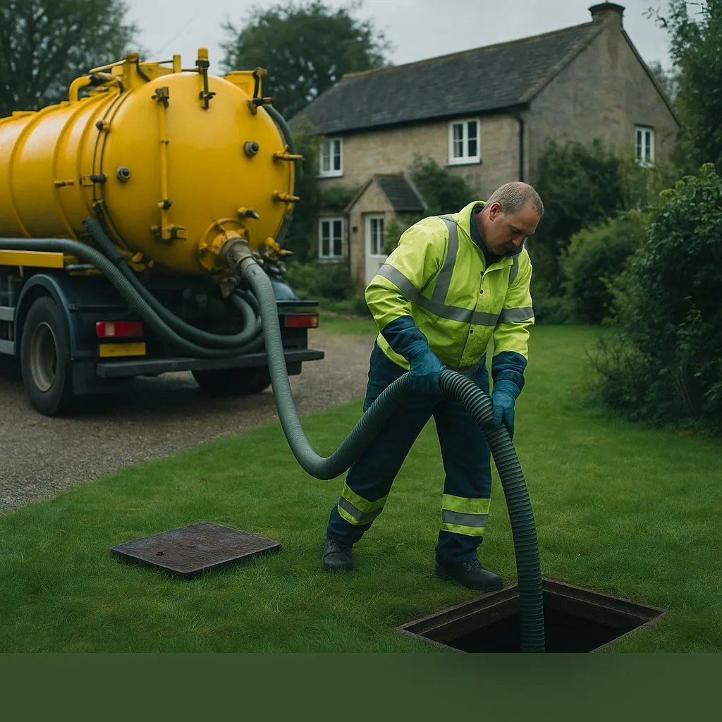 Vacuum tanker emptying a septic tank at a rural UK home