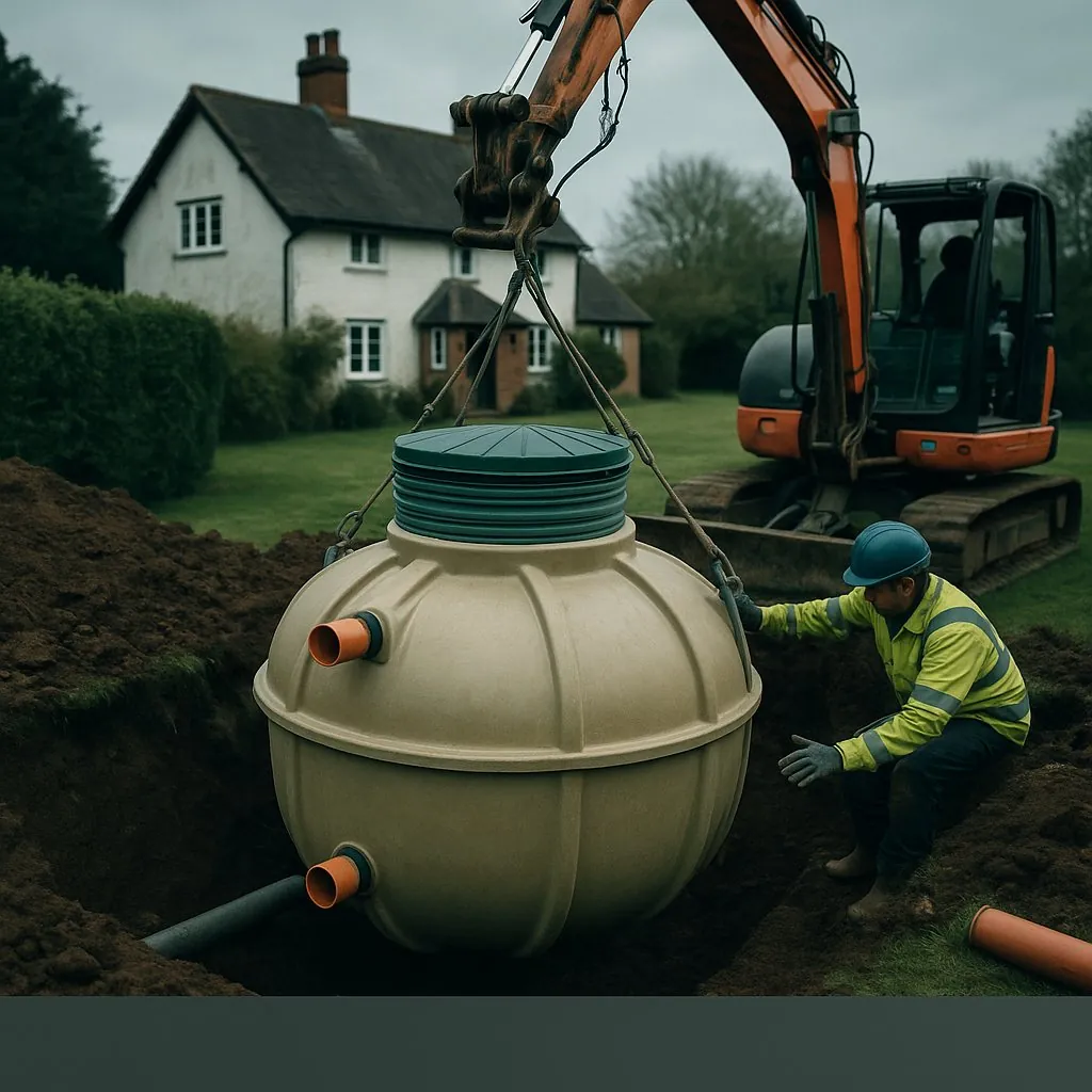 New septic tank being installed at a rural UK home