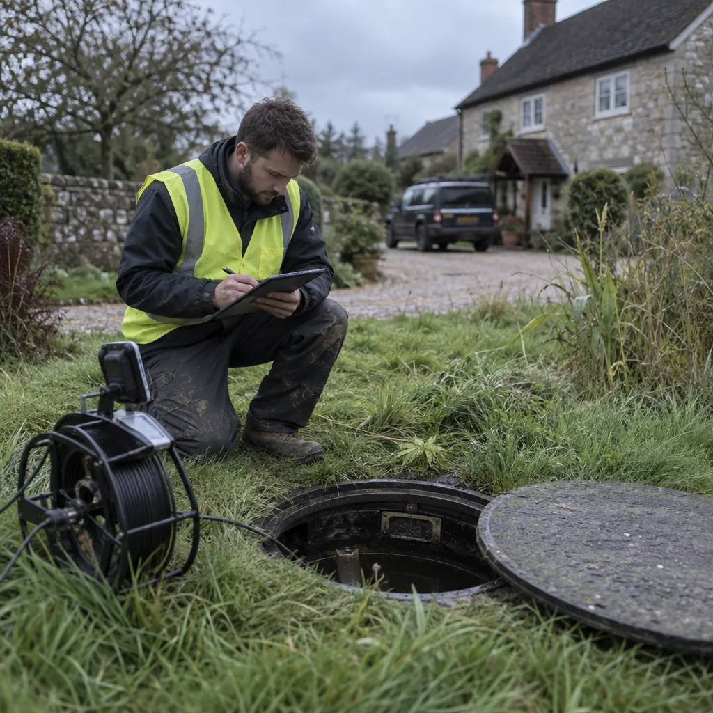 Drainage surveyor inspecting an open septic tank lid in a rural UK garden